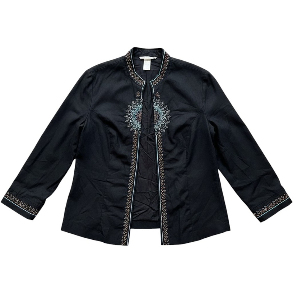 Sarah Spencer Jacket Black 12 Womens Linen Beaded Embroidered Boho Open Front